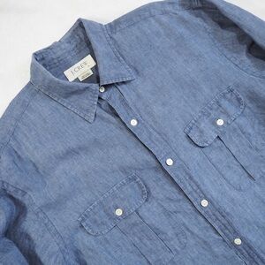 J. Crew Sz M 100% Linen Blue Casual Button Down Shirt